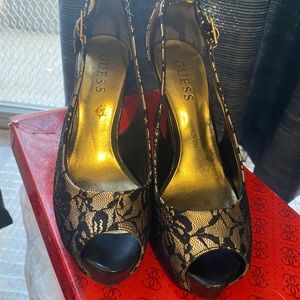 Guess gold and black lace heels